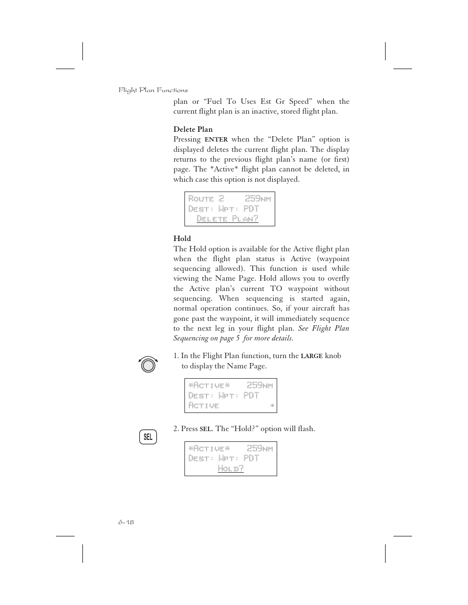 Delete plan 6-18, Hold 6-18, Delete flight plan 6-18 | Delete plan -18, Hold -18 | Apollo 65 User Manual | Page 144 / 324