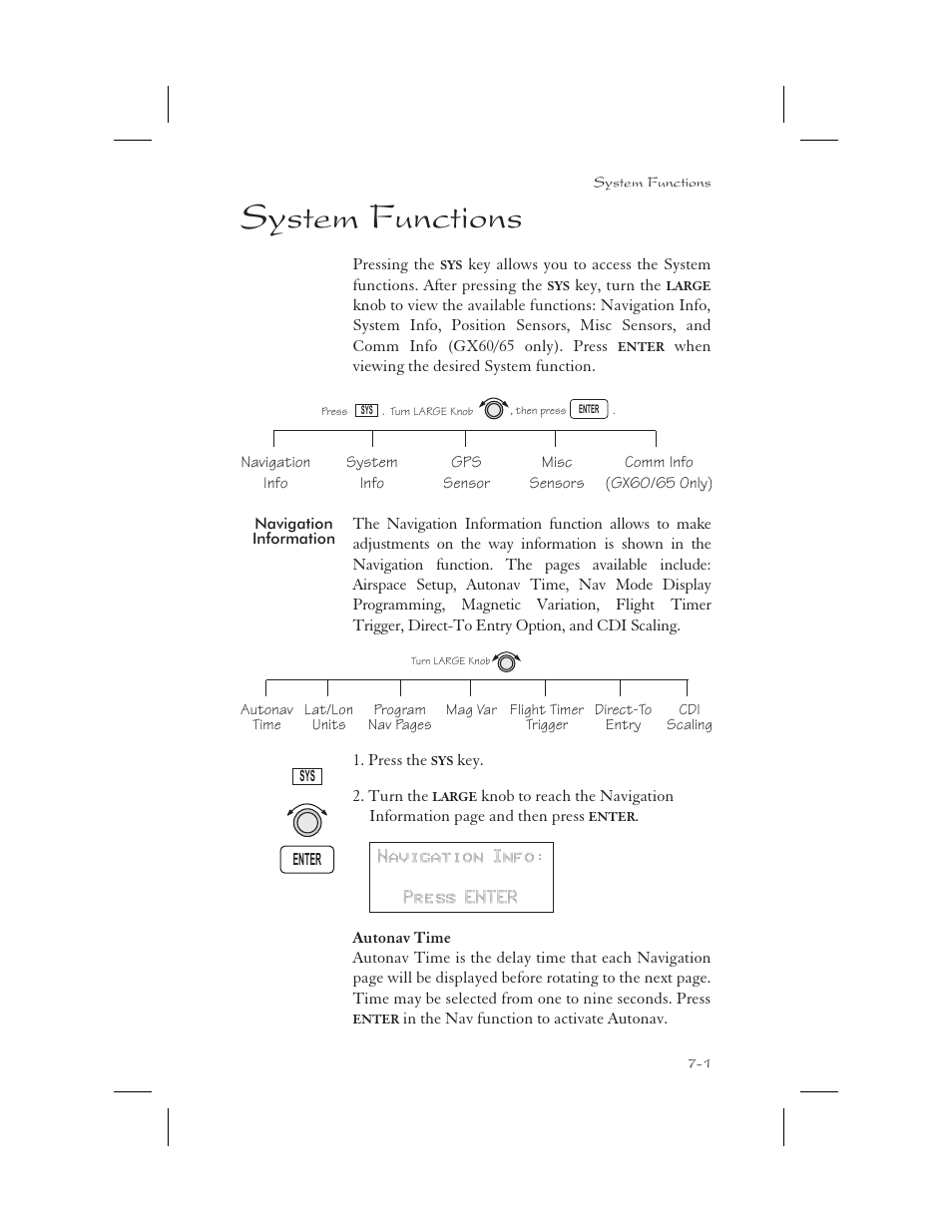 System functions 7-1, Navigation information 7-1, Autonav time 7-1 | System 7-1 - 7-24, Navigation info 7-1, System functions -1, Navigation information -1, Autonav time -1, System functions | Apollo 65 User Manual | Page 153 / 324