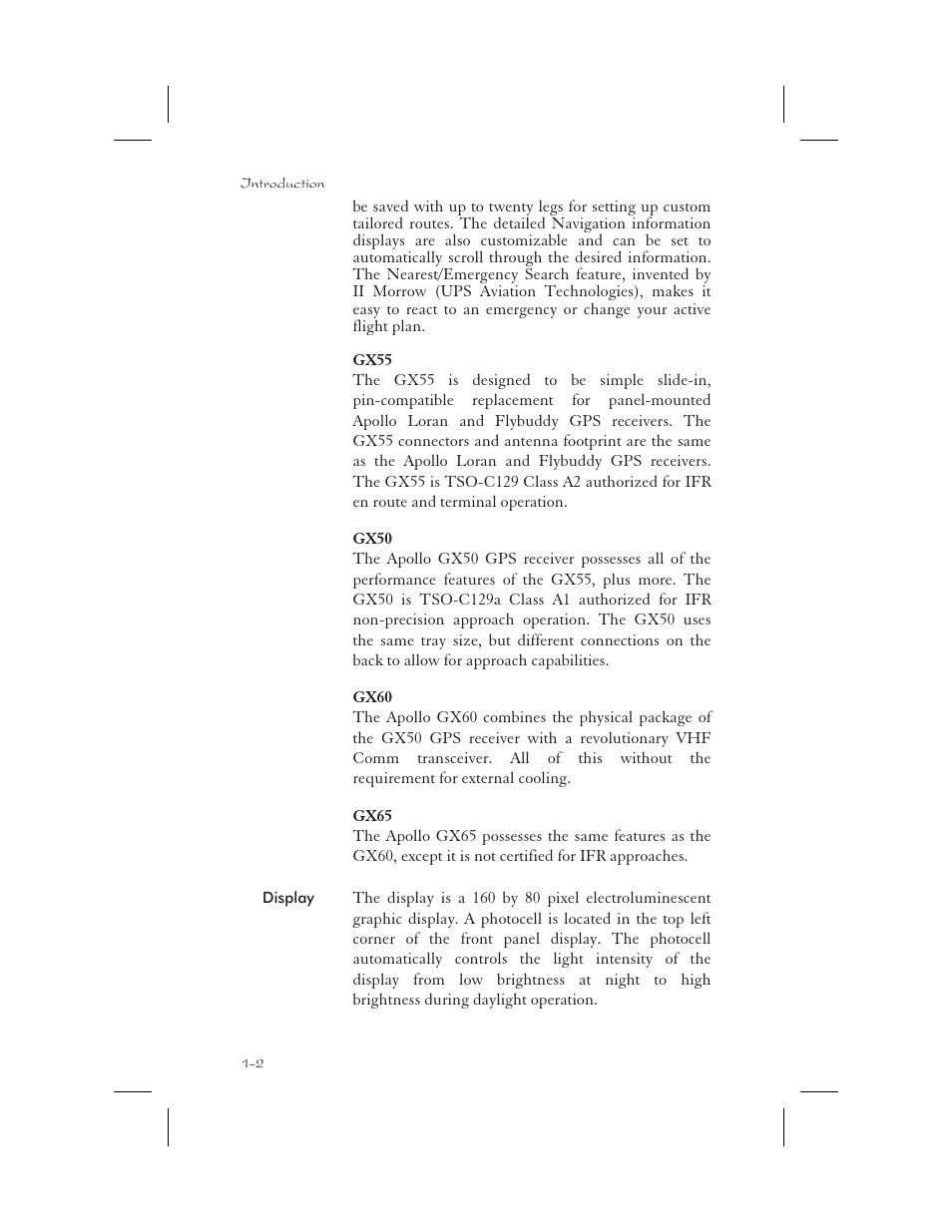 Display 1-2, Gx50 description 1-2, Gx55 description 1-2 | Gx60 description 1-2, Photocell 1-2, Display -2 | Apollo 65 User Manual | Page 16 / 324