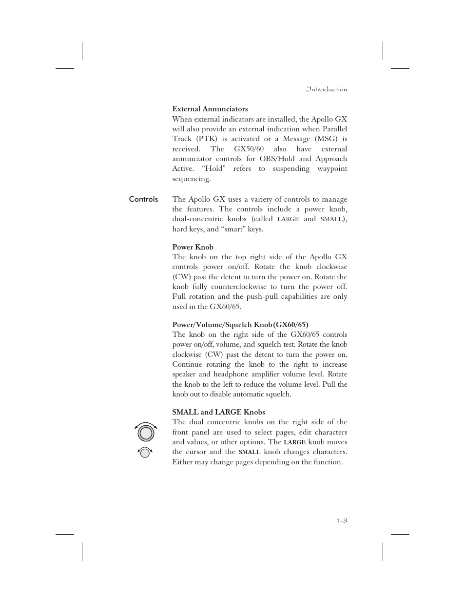 External annunciators 1-3, Controls 1-3, External annunciators 1-3, 11-10 | Large knob 1-3, Power knob 1-3, Small knob 1-3, Squelch knob 1-3, Volume knob 1-3, External annunciators -3, Controls -3 | Apollo 65 User Manual | Page 17 / 324