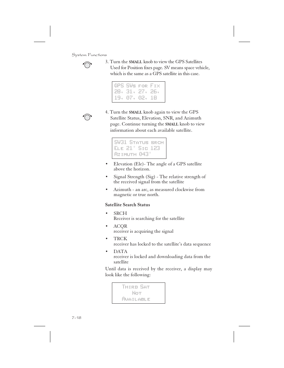 Azimuth 7-18, Elevation 7-18, Satellites 7-18, 11-12 | Signal strength 7-18 | Apollo 65 User Manual | Page 170 / 324