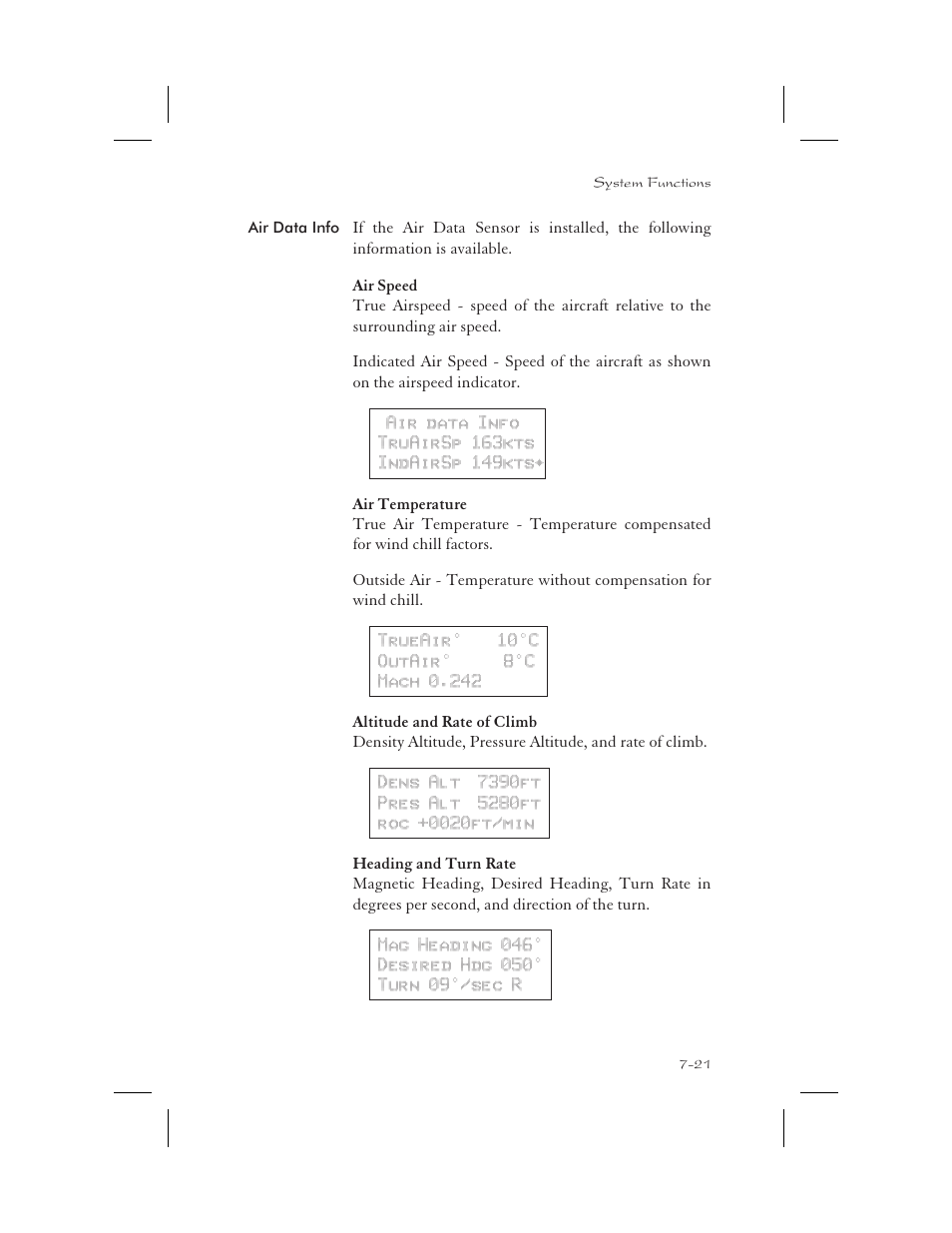 Air data info 7-21, Air speed 7-21, Air temperature 7-21 | Altitude and rate of climb 7-21, Heading and turn rate 7-21, Altitude 7-21, 14-2, Density altitude 7-21, Desired heading 7-21, Indicated air speed 7-21, Outside air temperature 7-21 | Apollo 65 User Manual | Page 173 / 324