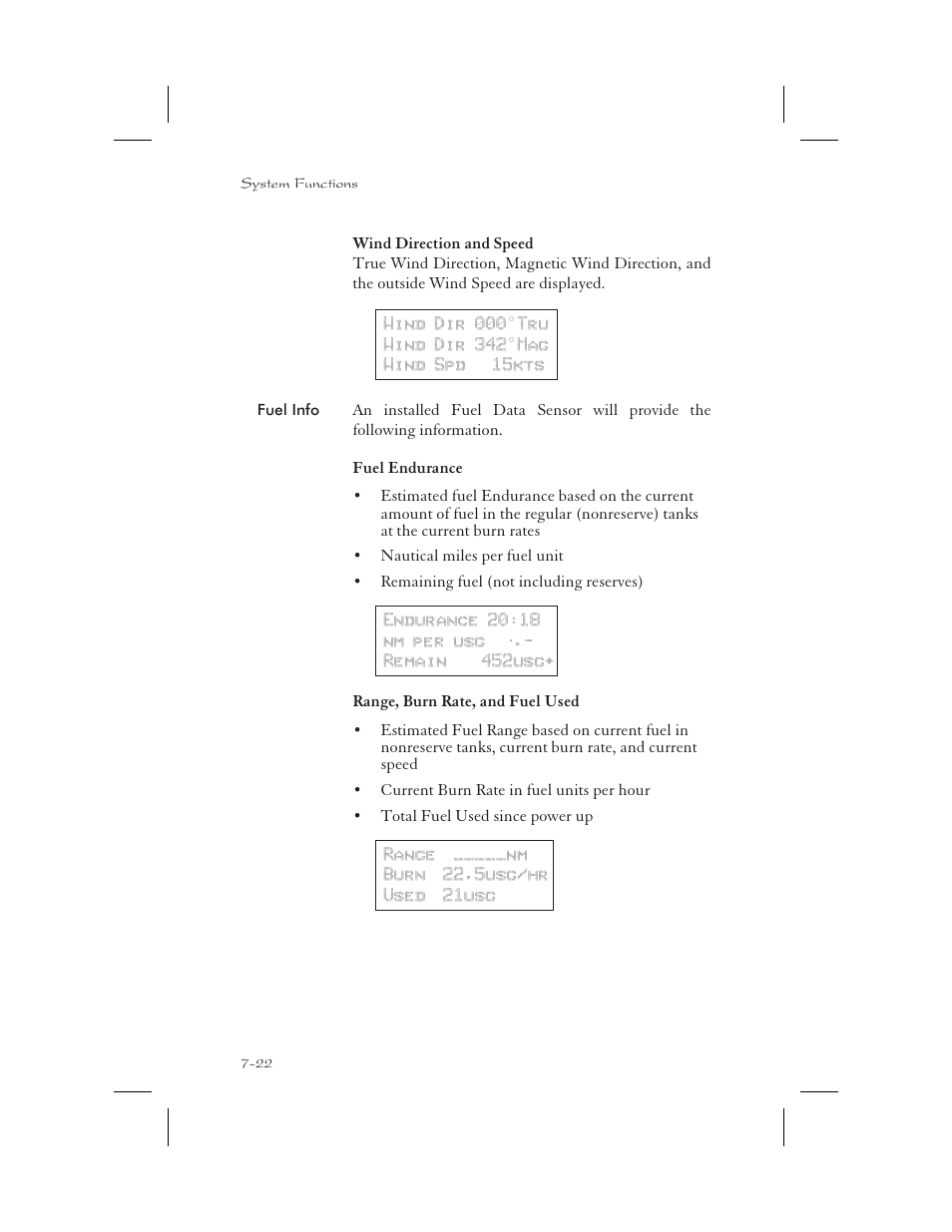 Wind direction and speed 7-22, Fuel info 7-22, Fuel endurance 7-22 | Range, burn rate, and fuel used 7-22, Burn rate 7-22, Fuel range 7-22, Fuel used 7-22, Magnetic wind direction 7-22, Speed 7-22, True wind direction 7-22 | Apollo 65 User Manual | Page 174 / 324