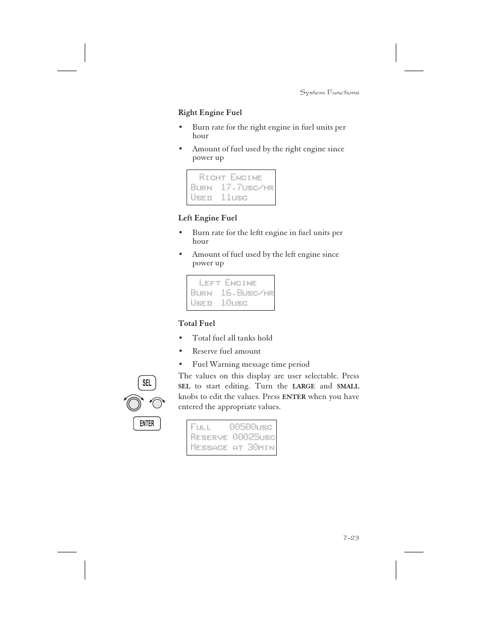 Right engine fuel 7-23, Left engine fuel 7-23, Total fuel 7-23 | Fuel warning 7-23, Reserve fuel 7-23, Right engine fuel -23, Left engine fuel -23, Total fuel -23 | Apollo 65 User Manual | Page 175 / 324