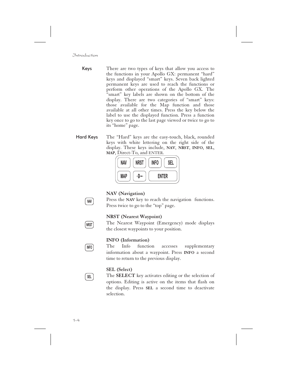 Keys 1-4, Hard keys 1-4, Key 1-4 | Info 1-4, Nav 1-4, Nearest 1-4, Select 1-4, Hard 1-4, Keys -4, Hard keys -4 | Apollo 65 User Manual | Page 18 / 324