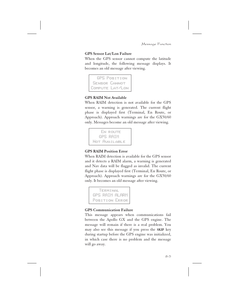 Communication failure 8-5, Error 8-5, Raim 8-5, 9-29, 9-33 | Apollo 65 User Manual | Page 181 / 324