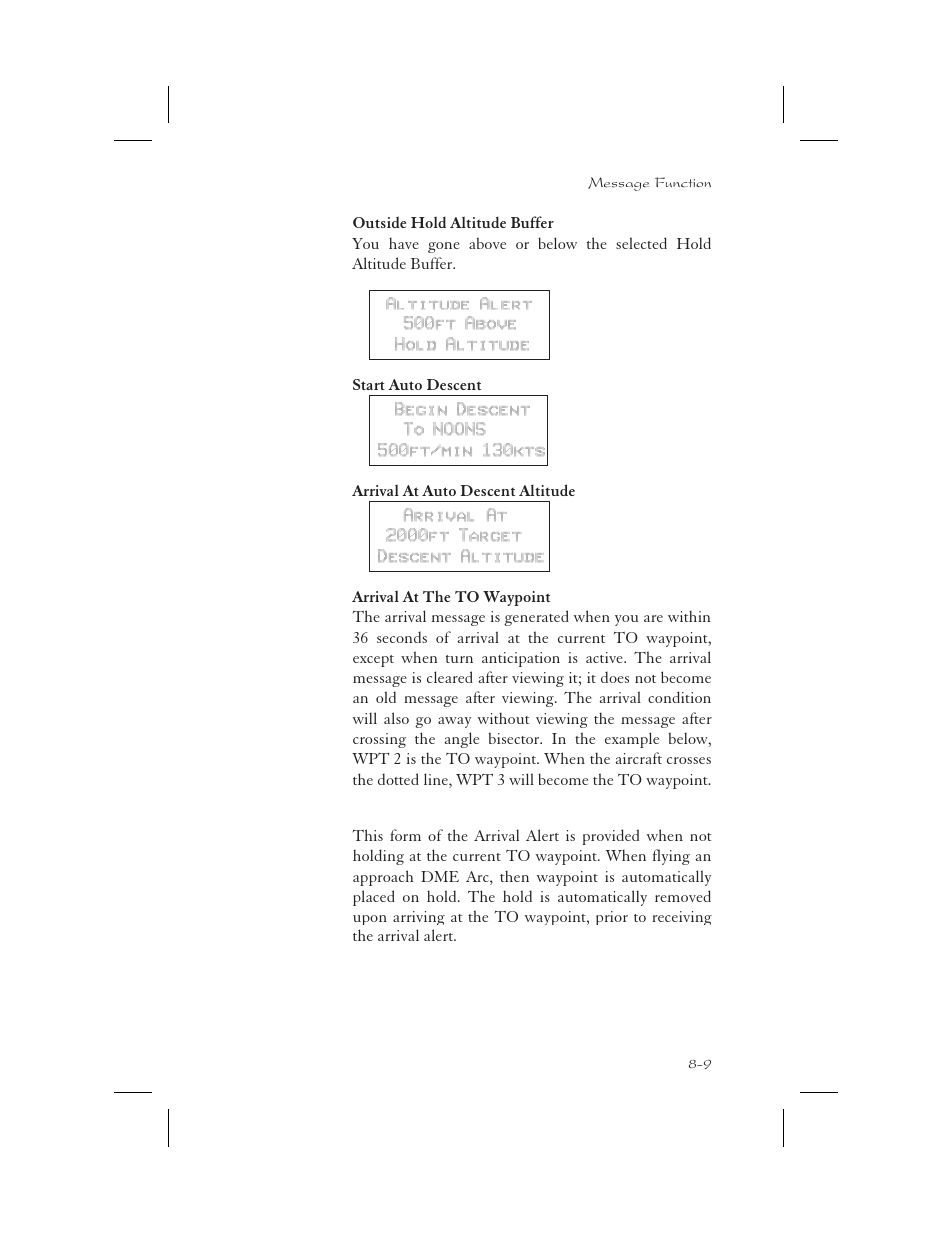 Arrival alert 8-9, Arriving at to wpt 8-9, Arrival 8-9, 9-2 | Apollo 65 User Manual | Page 185 / 324
