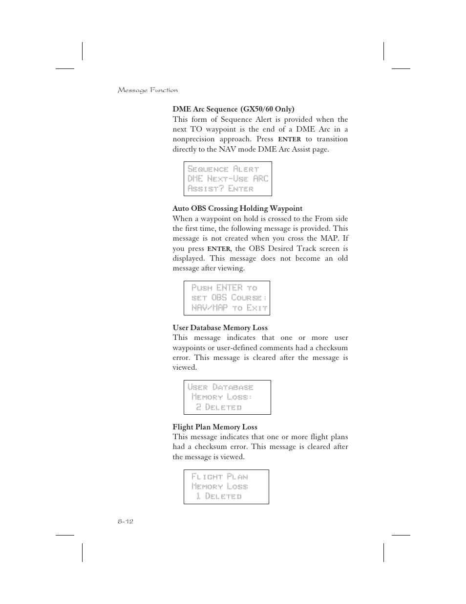 Memory failure 8-12, 11-3, Memory loss or failure 8-12, Auto obs crossing 8-12 | Apollo 65 User Manual | Page 188 / 324