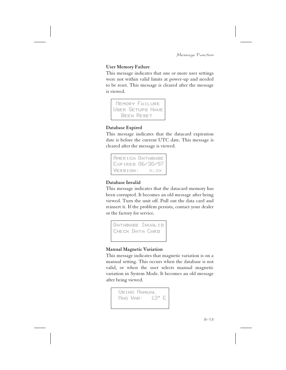 Database expired 8-13, Database invalid 8-13, Memory failure 8-13, 11-1 | Apollo 65 User Manual | Page 189 / 324
