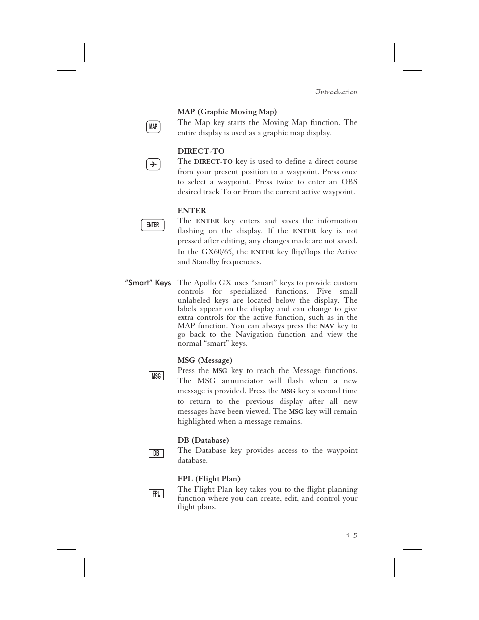 FIsmartﬂ keys 1-5, Database 1-5, Direct-to 1-5 | Flight plan 1-5, Map 1-5, Message 1-5, Smart 1-5, Smart” keys -5 | Apollo 65 User Manual | Page 19 / 324
