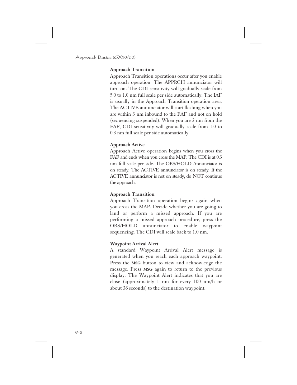 Approach transition 9-2, Approach active 9-2, Waypoint arrival alert 9-2 | Active 9-2, 9-11, Transition 9-2, Wpt arrival 9-2, Approach transition -2, Approach active -2, Waypoint arrival alert -2 | Apollo 65 User Manual | Page 192 / 324
