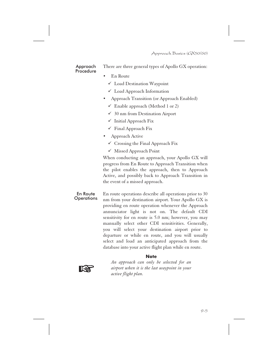 Approach procedure 9-5, En route operations 9-5, Procedure 9-5 | Approach procedure -5, En route operations -5 | Apollo 65 User Manual | Page 195 / 324