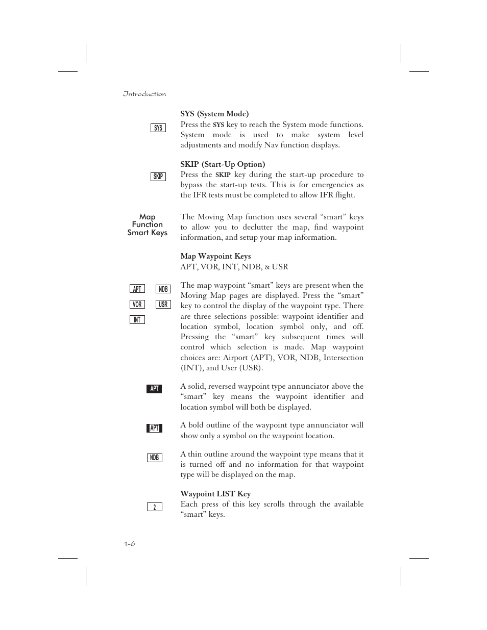 Map function smart keys 1-6, Apt smart key 1-6, Int smart key 1-6 | Apt 1-6, Int 1-6, List 1-6, Ndb 1-6, Skip 1-6, 11-1, System 1-6, User 1-6 | Apollo 65 User Manual | Page 20 / 324