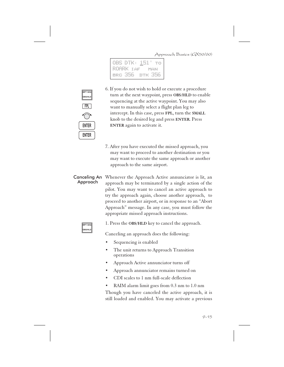 Canceling an approach 9-15, Cancel 9-15, Cancel approach 9-15 | Canceling an approach -15 | Apollo 65 User Manual | Page 205 / 324