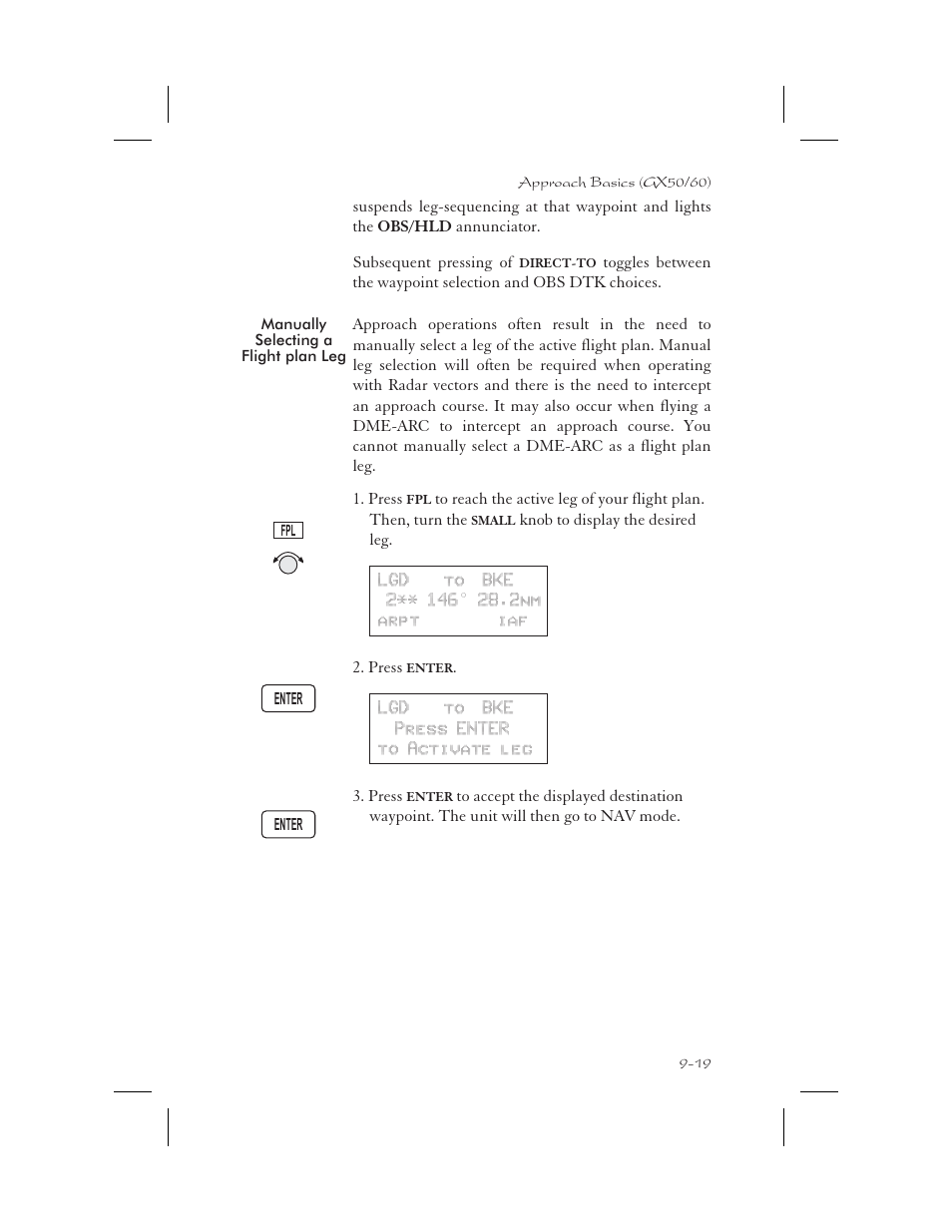 Manually selecting a flight plan leg 9-19, Manual leg select 9-19, Manually selecting a flight plan leg -19 | Apollo 65 User Manual | Page 209 / 324