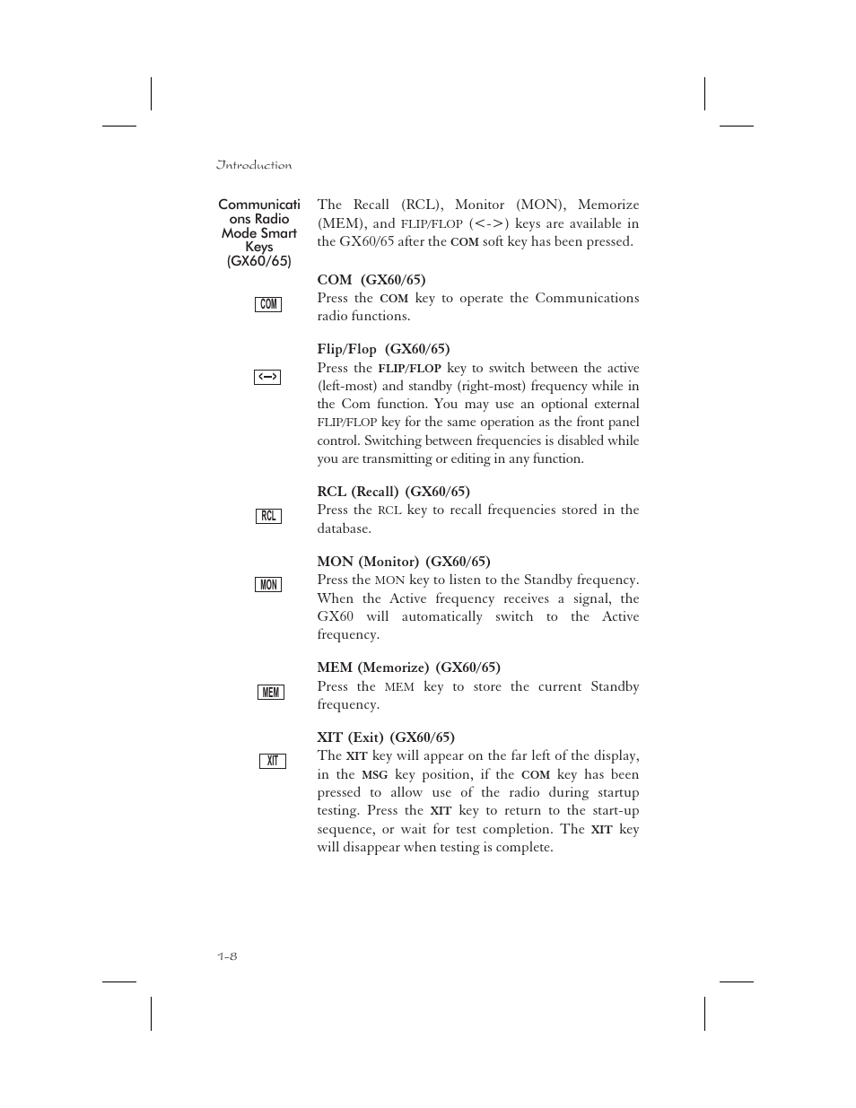 Communications radio mode smart keys (gx60/65) 1-8, Key 1-8, Flip/flop key 1-8 | Xit 1-8, Xit key 1-8, Communications radio mode smart keys (gx60/65) -8 | Apollo 65 User Manual | Page 22 / 324