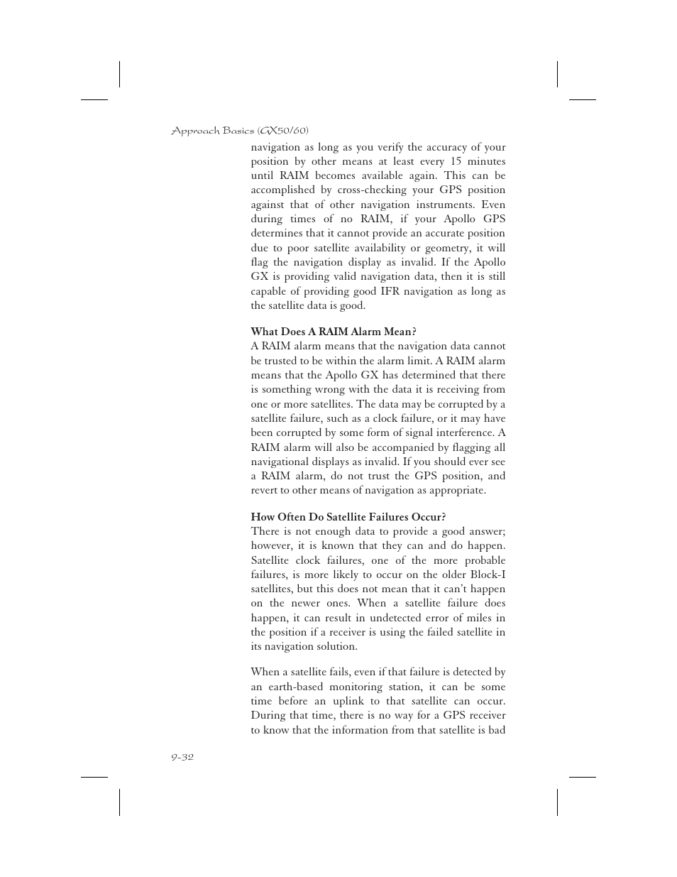 Satellite failure 9-32, Raim alarm 9-32 | Apollo 65 User Manual | Page 222 / 324