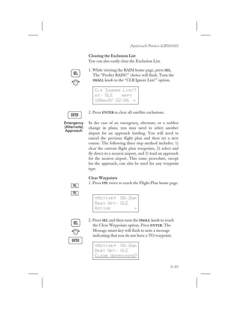 Emergency (alternate) approach 9-35, Clear waypoints 9-35, Alternate approach 9-35 | Emergency 9-35, Clear exclusion list 9-35, Emergency approach 9-35, Emergency (alternate) approach -35, Clear waypoints -35 | Apollo 65 User Manual | Page 225 / 324
