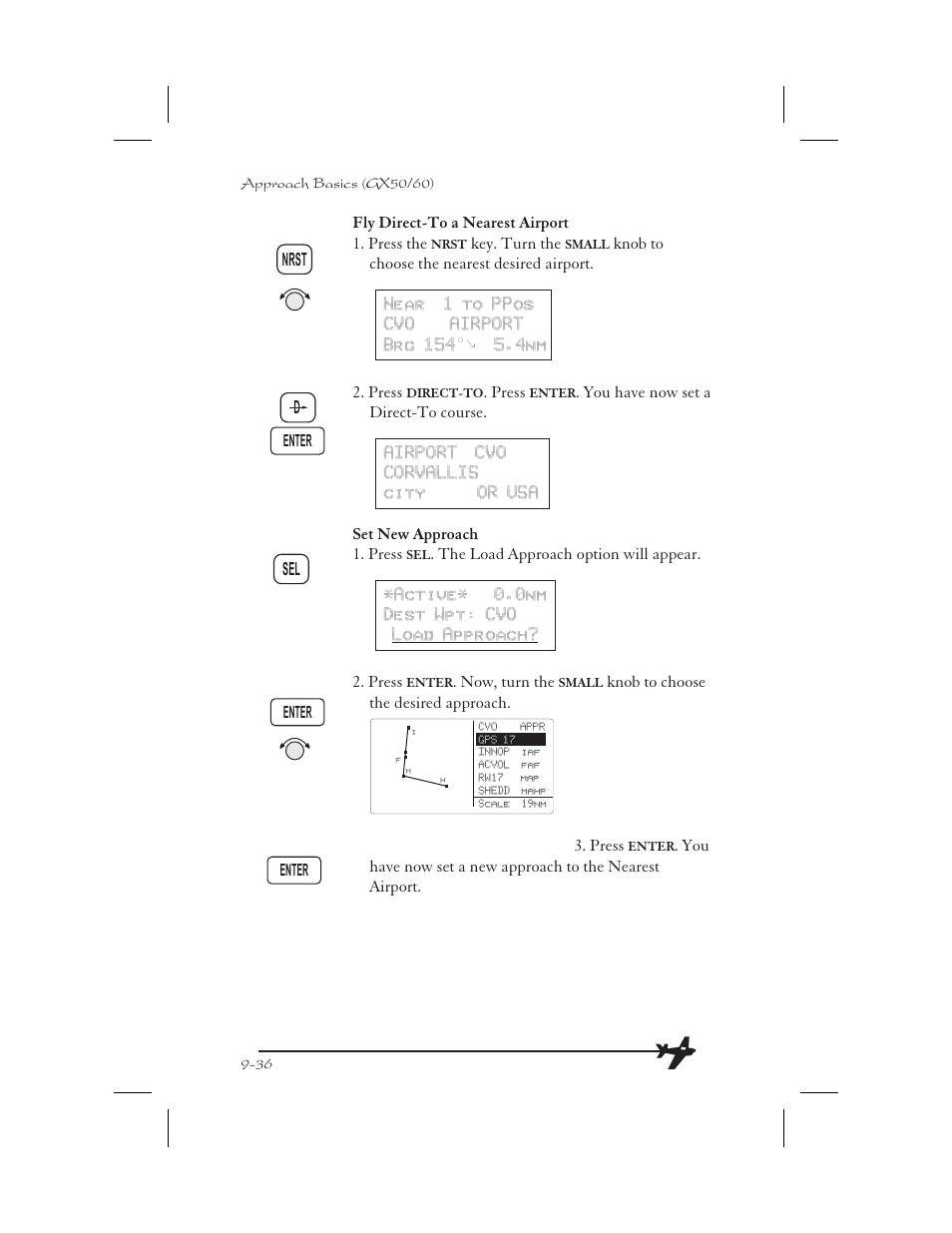 Fly direct-to a nearest airport 9-36, Set new approach 9-36, Fly direct-to a nearest airport -36 | Set new approach -36 | Apollo 65 User Manual | Page 226 / 324