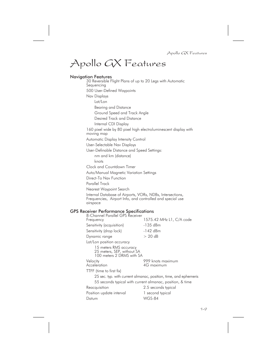 Apollo gx features 1-9, Features 1-9, Specifications 1-9 - 1-12 | Apollo gx features -9, Apollo gx features | Apollo 65 User Manual | Page 23 / 324