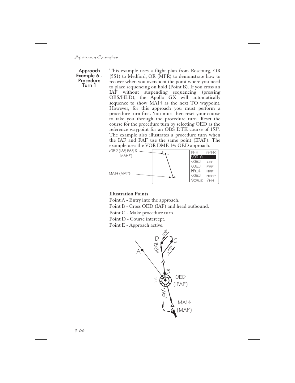 Approach example 6 - procedure turn 1 9-66, Procedure turns 9-66, 9-68, Approach example 6 - procedure turn 1 -66 | Ab c d e | Apollo 65 User Manual | Page 256 / 324