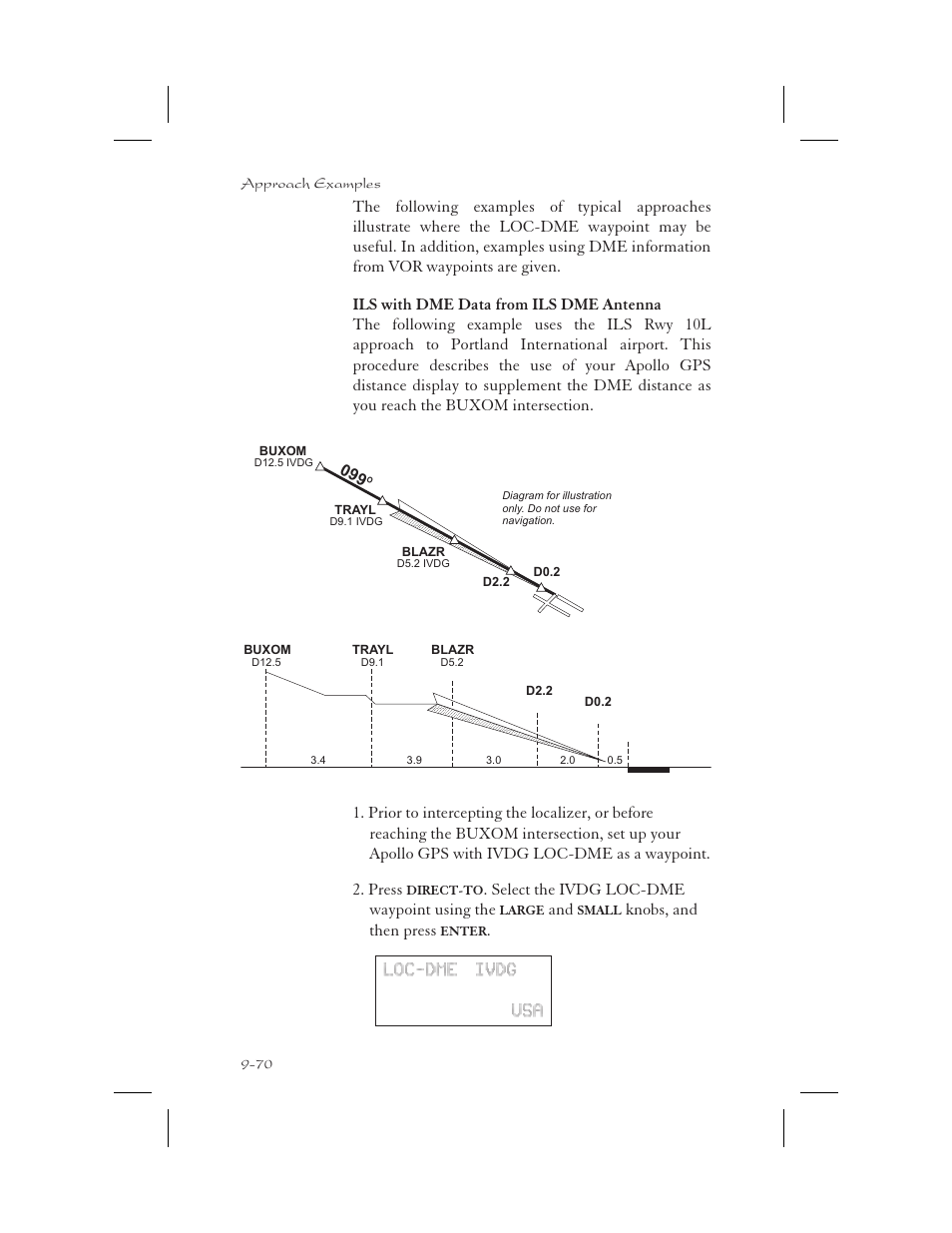Select the ivdg loc-dme waypoint using the, Knobs, and then press, Loc-dme ivdg usa | Apollo 65 User Manual | Page 260 / 324