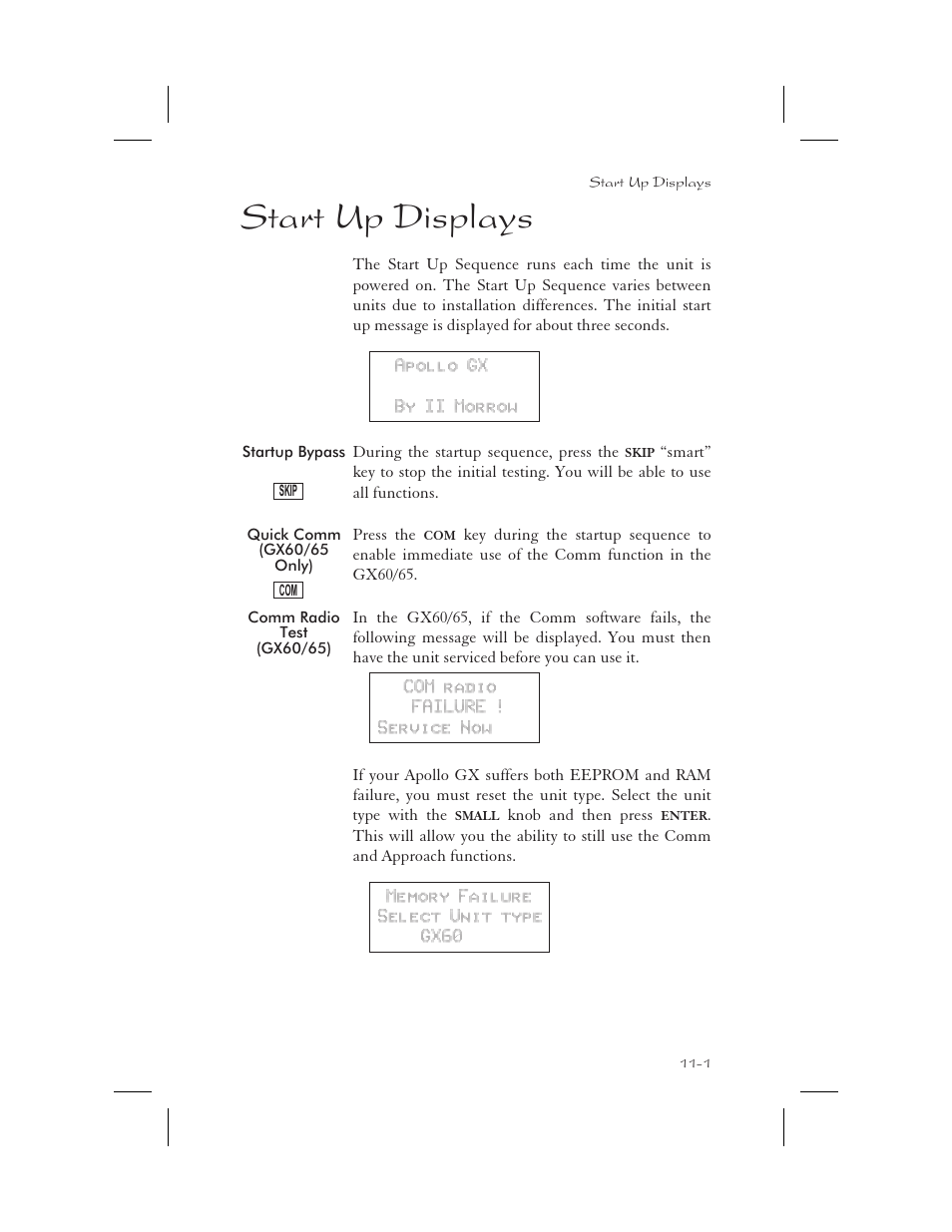 Start up displays 11-1, Startup bypass 11-1, Quick comm (gx60/65 only) 11-1 | Comm radio test (gx60/65) 11-1, Test 11-1, Start up displays 11-1 - 11-12, Start up displays -1, Startup bypass -1, Quick comm (gx60/65 only) -1, Comm radio test (gx60/65) -1 | Apollo 65 User Manual | Page 281 / 324