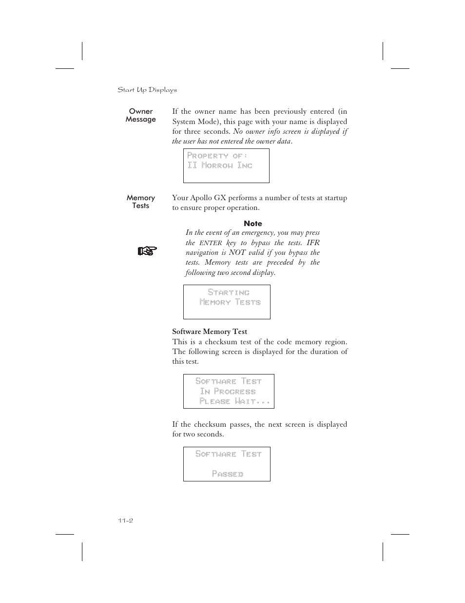 Owner message 11-2, Memory tests 11-2, Memory test 11-2, 11-4 | Software memory test 11-2, Owner message -2, Memory tests -2 | Apollo 65 User Manual | Page 282 / 324