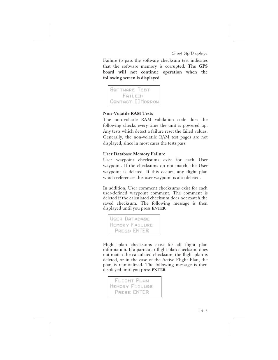 Non-volatile ram test 11-3, User database memory failure 11-3 | Apollo 65 User Manual | Page 283 / 324