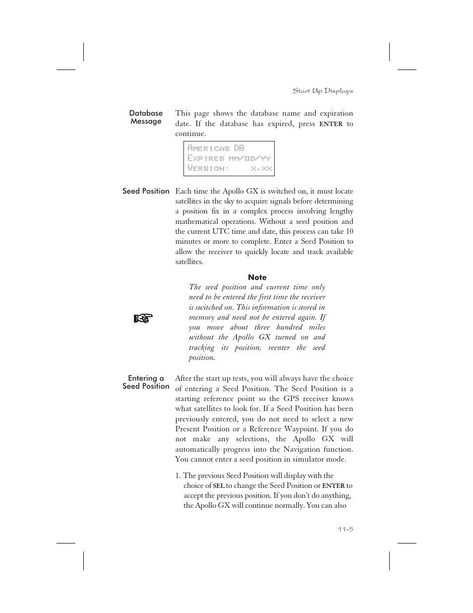 Database message 11-5, Seed position 11-5, Entering a seed position 11-5 | Database message -5, Seed position -5, Entering a seed position -5 | Apollo 65 User Manual | Page 285 / 324