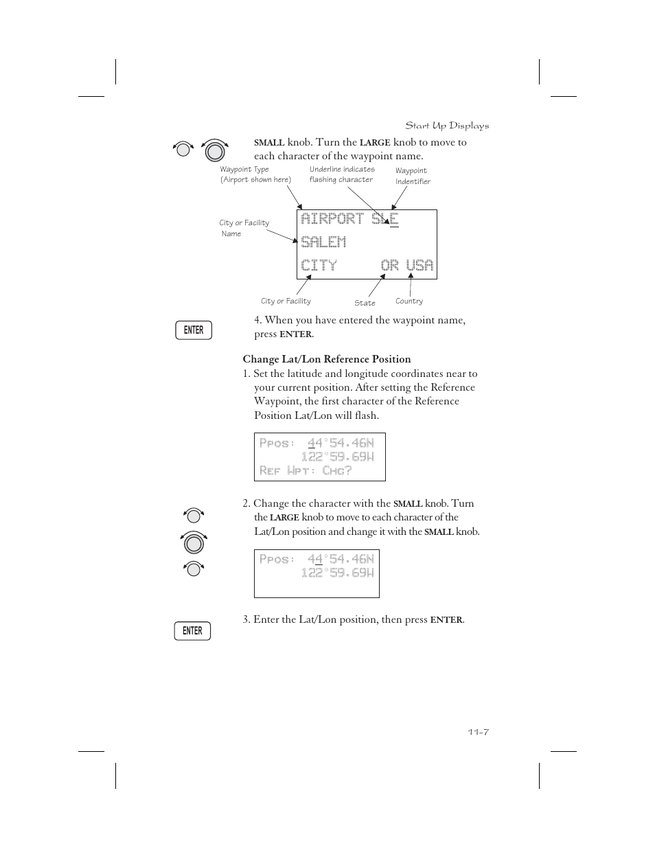 Waypoint 11-7, Lat/lon reference 11-7, Reference position 11-7 | Airport salem city or usa sle | Apollo 65 User Manual | Page 287 / 324