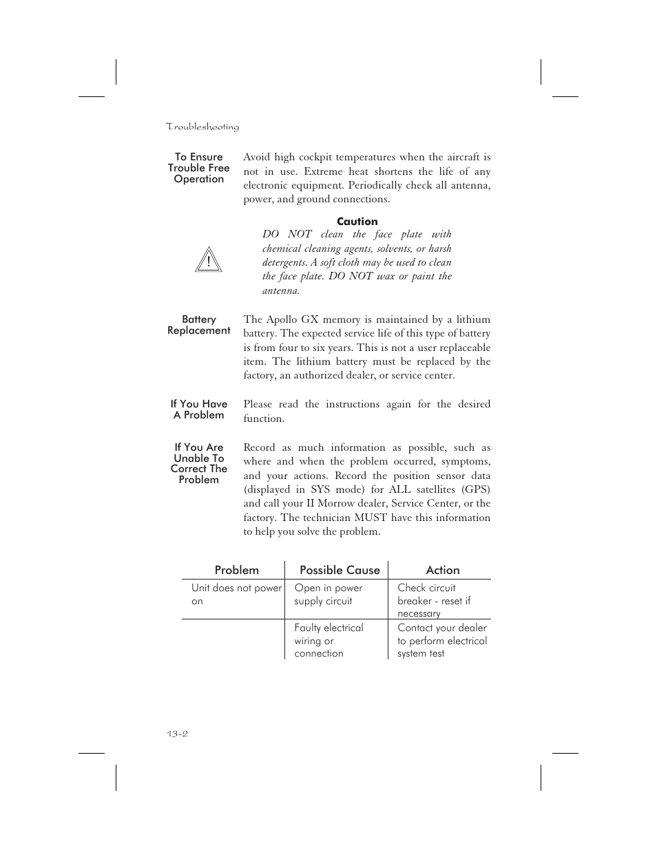 To ensure trouble free operation 13-2, Battery replacement 13-2, If you have a problem 13-2 | Cleaning 13-2, Heat 13-2, To ensure trouble free operation -2, Battery replacement -2, If you have a problem -2 | Apollo 65 User Manual | Page 298 / 324