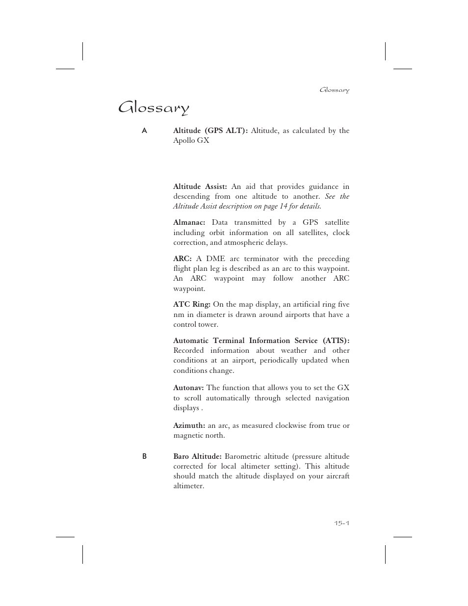 Glossary 15-1, Glossary 15-1 - 15-12, Glossary -1 | Glossary | Apollo 65 User Manual | Page 303 / 324