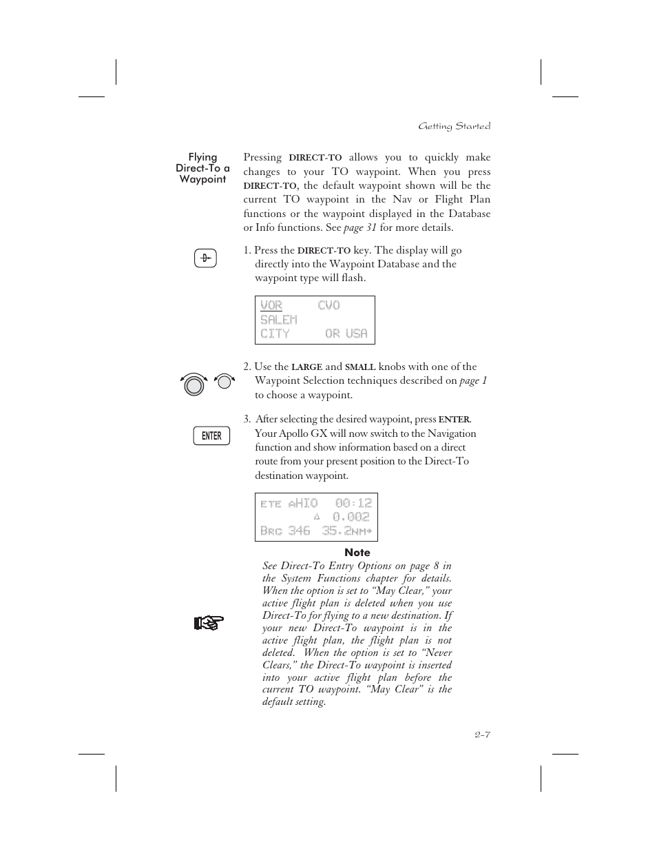 Flying direct-to a waypoint 2-7, Direct-to 2-7, 3-31 - 3-32, 6-9, 7-8, 9-18, May clear 2-7, 7-9 | May clear 2-7, Flying direct-to a waypoint -7 | Apollo 65 User Manual | Page 33 / 324