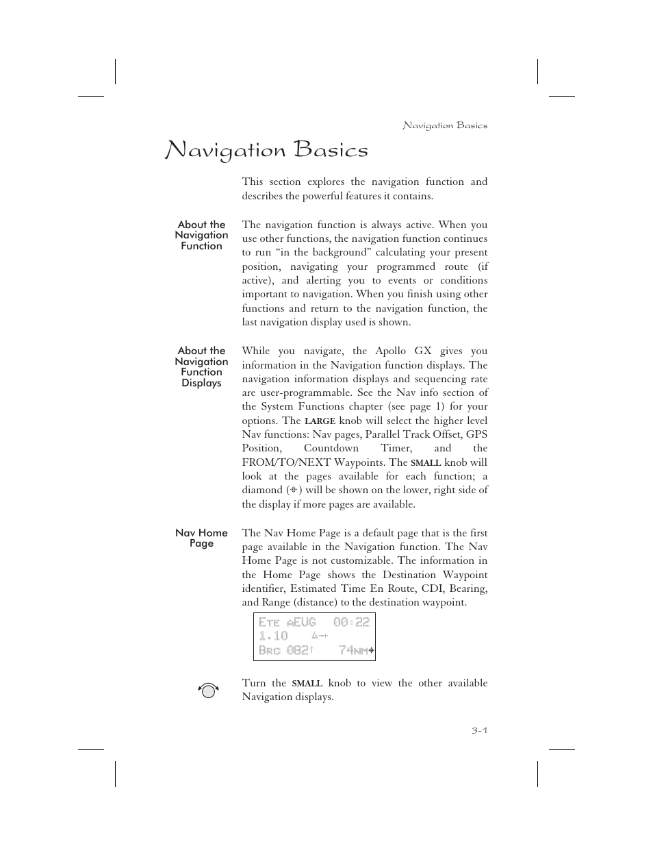 Navigation basics 3-1, About the navigation function 3-1, About the navigation function displays 3-1 | Nav terms 3-1, Diamond 3-1, Navigation 3-1, 7-1, Displays 3-1, Terms 3-1, Navigation basics -1, About the navigation function -1 | Apollo 65 User Manual | Page 39 / 324