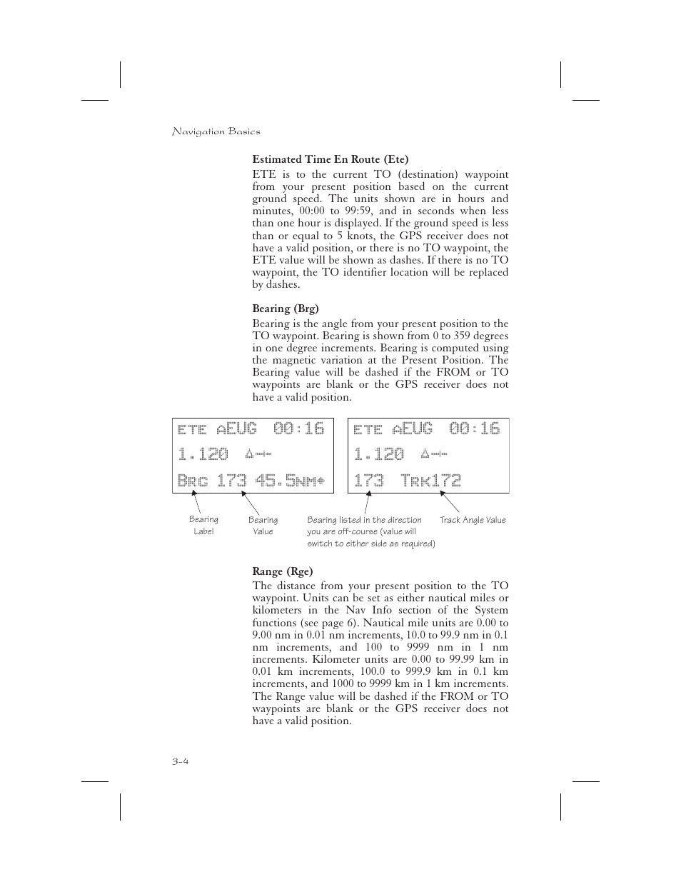 Estimated time en route ( ete ) 3-4, Bearing ( brg ) 3-4, Range ( rge ) 3-4 | Bearing 3-4, Nav display 3-4, Estimated time enroute 3-4, 6-7 - 6-8, Range 3-4, Estimated time en route (ete) -4, Bearing (brg) -4, Range (rge) -4 | Apollo 65 User Manual | Page 42 / 324