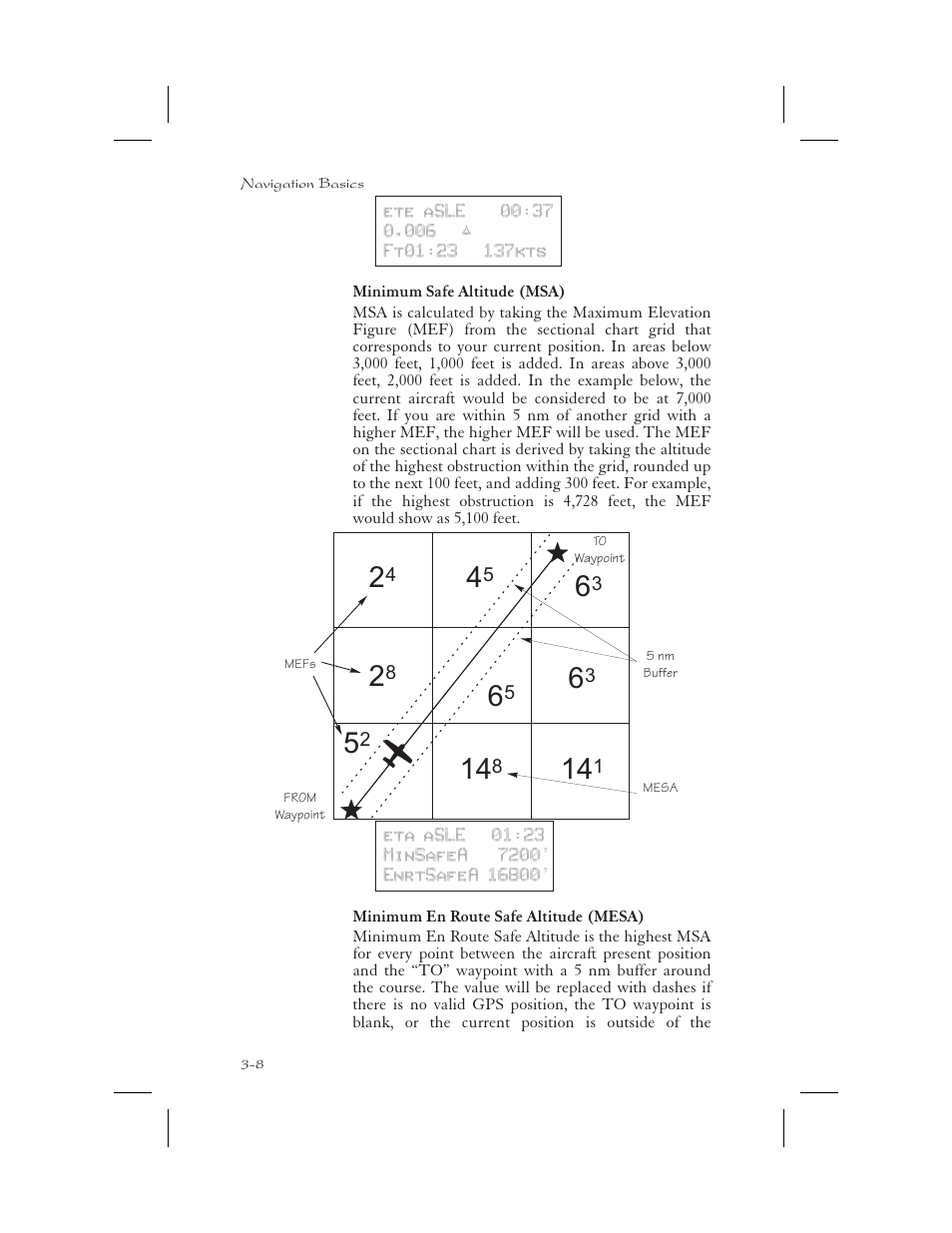 Minimum safe altitude (msa) 3-8, Minimum en route safe altitude (mesa) 3-8, Minimum enroute safe altitude 3-8 | Minimum safe altitude 3-8, Minimum safe altitude (msa) -8, Minimum en route safe altitude (mesa) -8 | Apollo 65 User Manual | Page 46 / 324