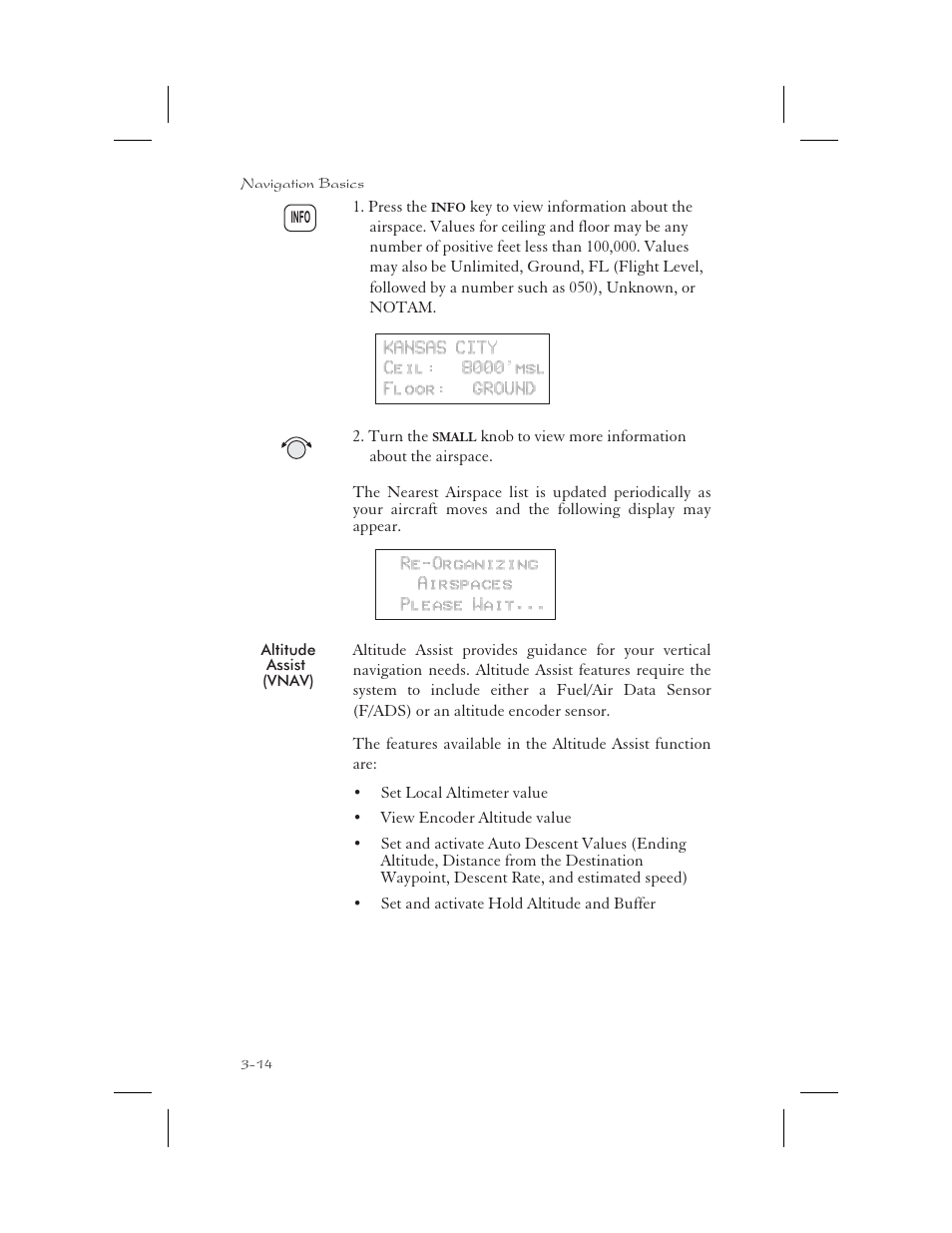 Altitude assist ( vnav ) 3-14, Ceiling 3-14, Floor 3-14 | Altimeter setting 3-14, Altitude assist 3-14, Info 3-14, 5-1, 5-5, 6-23, 8-3, Vnav 3-14, Altitude assist (vnav) -14 | Apollo 65 User Manual | Page 52 / 324