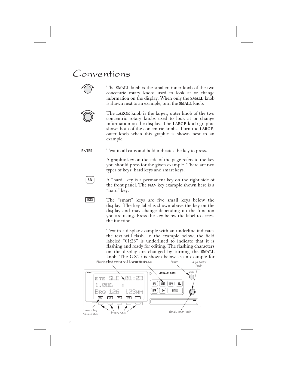 Conventions 1-iv, Flashing 1-iv, Hard 1-iv | Smart 1-iv, Knobs 1-iv, Underline 1-iv, Conventions | Apollo 65 User Manual | Page 6 / 324