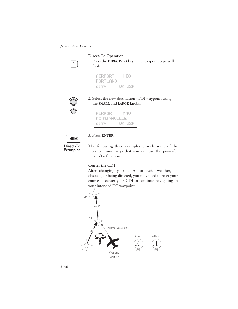 Direct-to examples 3-32, Center the cdi 3-32, Direct-to 3-32 | Direct-to examples -32, Center the cdi -32, Enter | Apollo 65 User Manual | Page 70 / 324