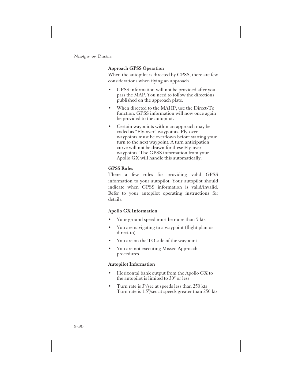Approach gpss operation 3-38, Gpss rules 3-38, Approach gpss operation -38 | Gpss rules -38 | Apollo 65 User Manual | Page 76 / 324