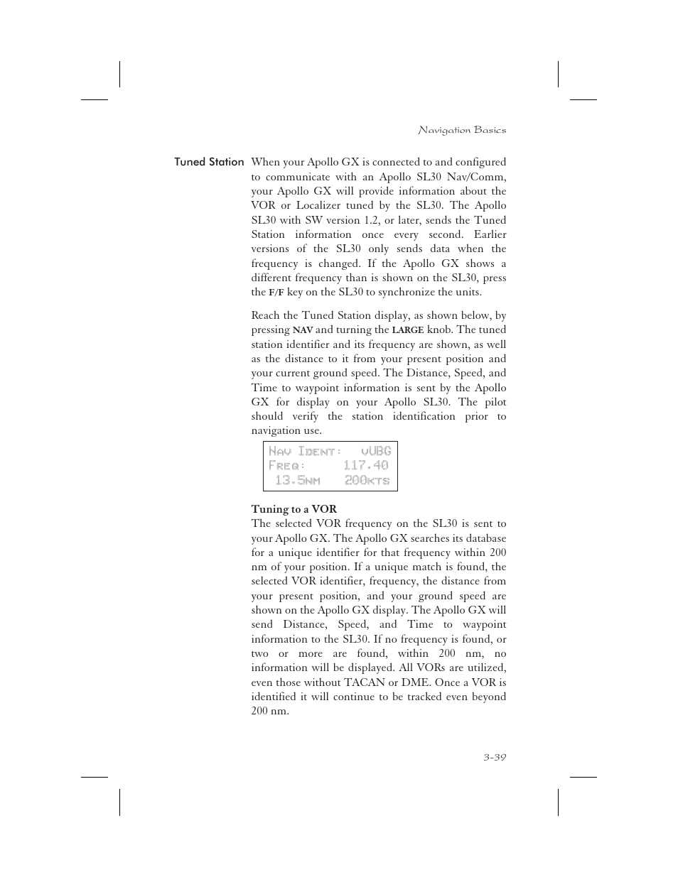 Tuned station 3-39, Tuning to a vor 3-39, Localizer 3-39 - 3-40 | Vor info 3-39, 5-2, Tuned station -39, Tuning to a vor -39 | Apollo 65 User Manual | Page 77 / 324