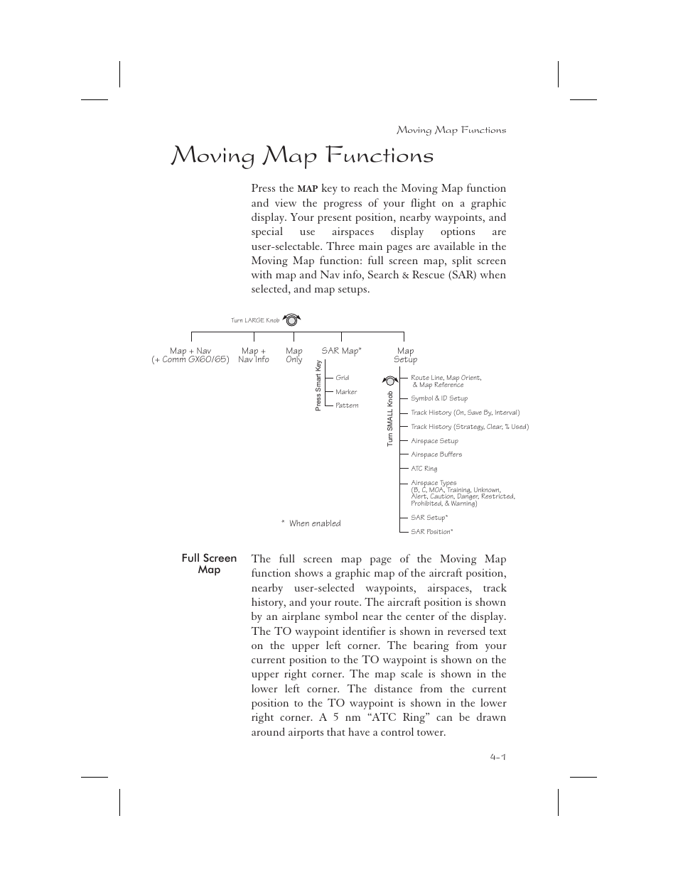 Moving map functions 4-1, Full screen map 4-1, Moving map 4-1 | Full screen 4-1, Moving map functions -1, Full screen map -1, Moving map functions, Press the | Apollo 65 User Manual | Page 79 / 324
