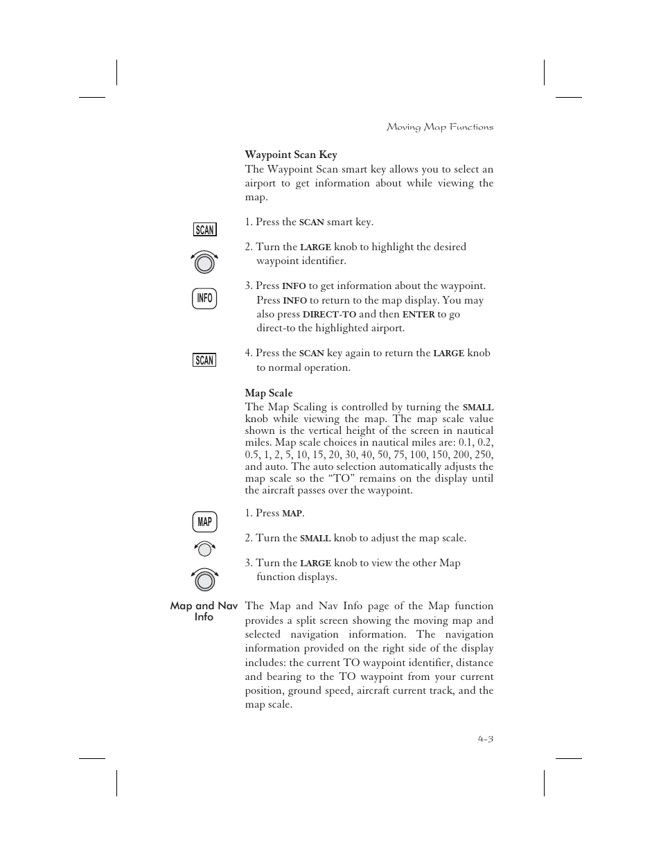 Waypoint scan key 4-3, Map scale 4-3, Map and nav info 4-3 | Map & nav info 4-3, Scale 4-3, Scan 4-3, Waypoint scan key -3, Map scale -3, Map and nav info -3 | Apollo 65 User Manual | Page 81 / 324
