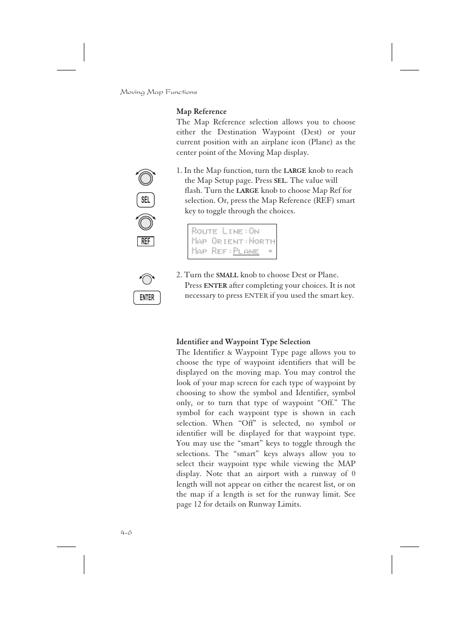 Map reference 4-6, Identifier and waypoint type selection 4-6, Idents 4-6 | Map reference -6, Identifier and waypoint type selection -6 | Apollo 65 User Manual | Page 84 / 324