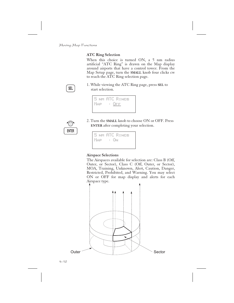 Atc ring selection 4-12, Airspace selections 4-12, Selections 4-12 | Atc ring 4-12, Atc ring selection -12, Airspace selections -12 | Apollo 65 User Manual | Page 90 / 324