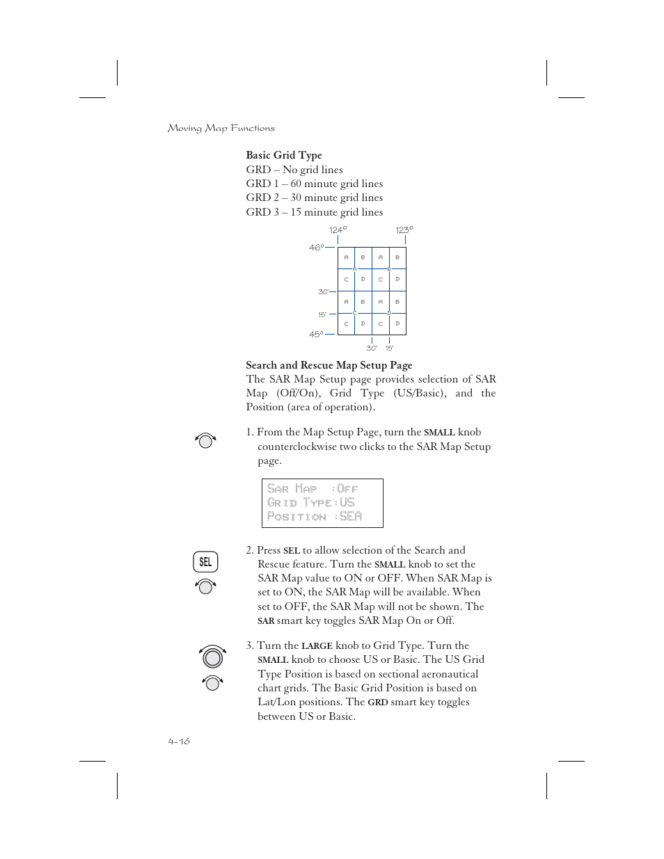 Basic grid type 4-16, Basic grid 4-16, 4-18, Search and rescue 4-16 | Map setup 4-16, Basic grid type -16, Smart key toggles sar map on or off. 3. turn the, Knob to grid type. turn the, Smart key toggles between us or basic | Apollo 65 User Manual | Page 94 / 324