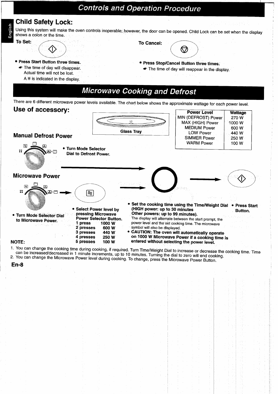 To cancel, Use of accessory, Manual defrost power | Microwave power, Note, And operation procedure, Child safety lock | Panasonic NNL750WB User Manual | Page 10 / 164