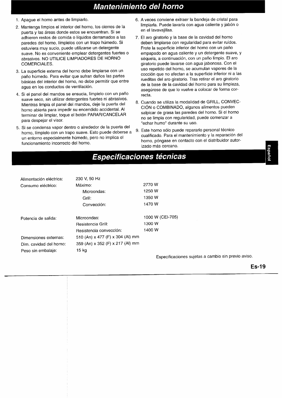 Mantenimiento dei homo, Especificaciones técnicas | Panasonic NNL750WB User Manual | Page 101 / 164