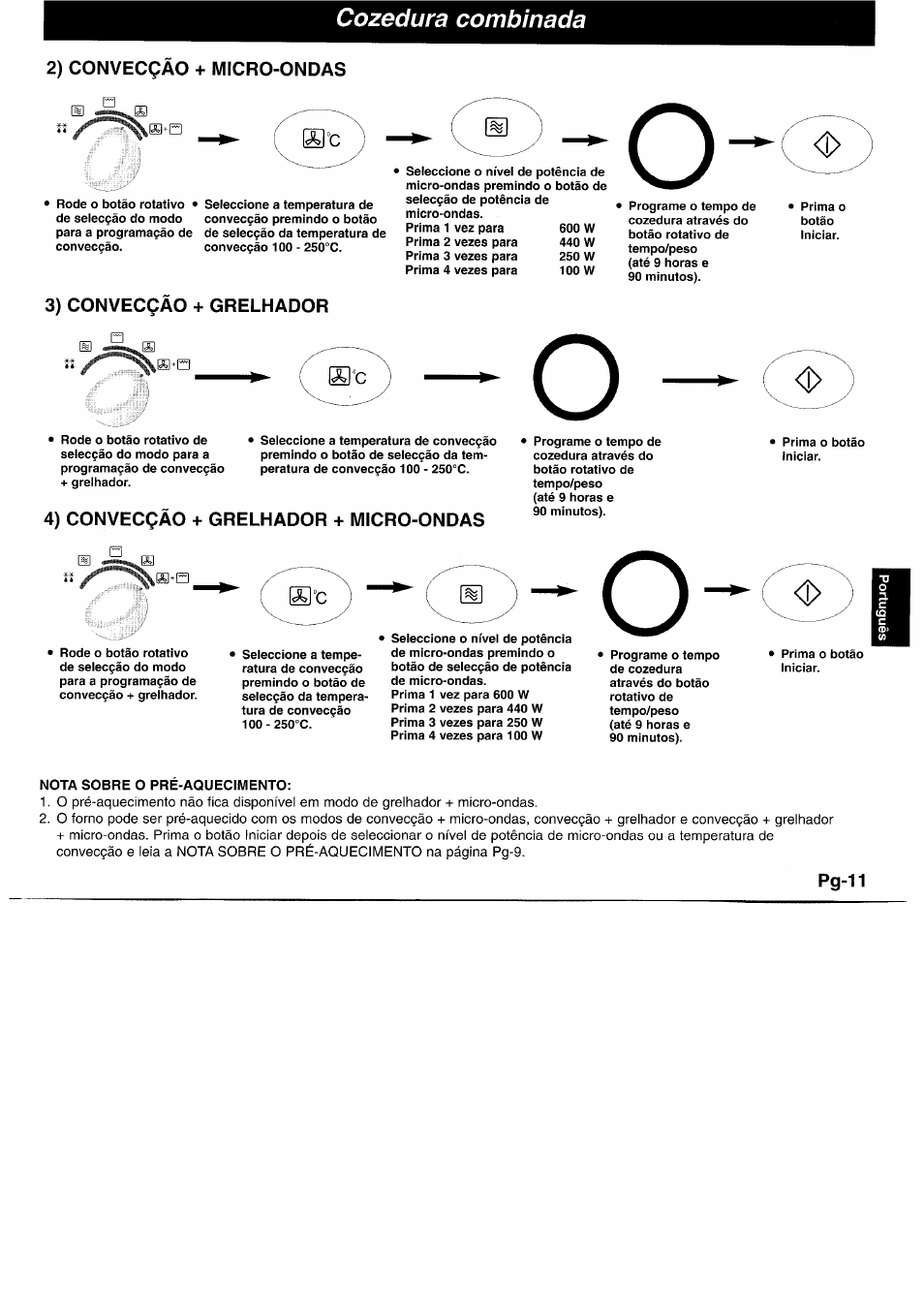 2) convecgào + micro-ondas, 3) convecgào + grelhador, 4) convecqào + grelhador + micro-ondas | Cozedura combinada, Pg-11, Nota sobre o pre-aquecimento | Panasonic NNL750WB User Manual | Page 113 / 164